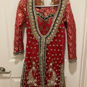 New Fancy Desi Indian Pakistani Shalwar Kameez salmon pink w/ green/gold